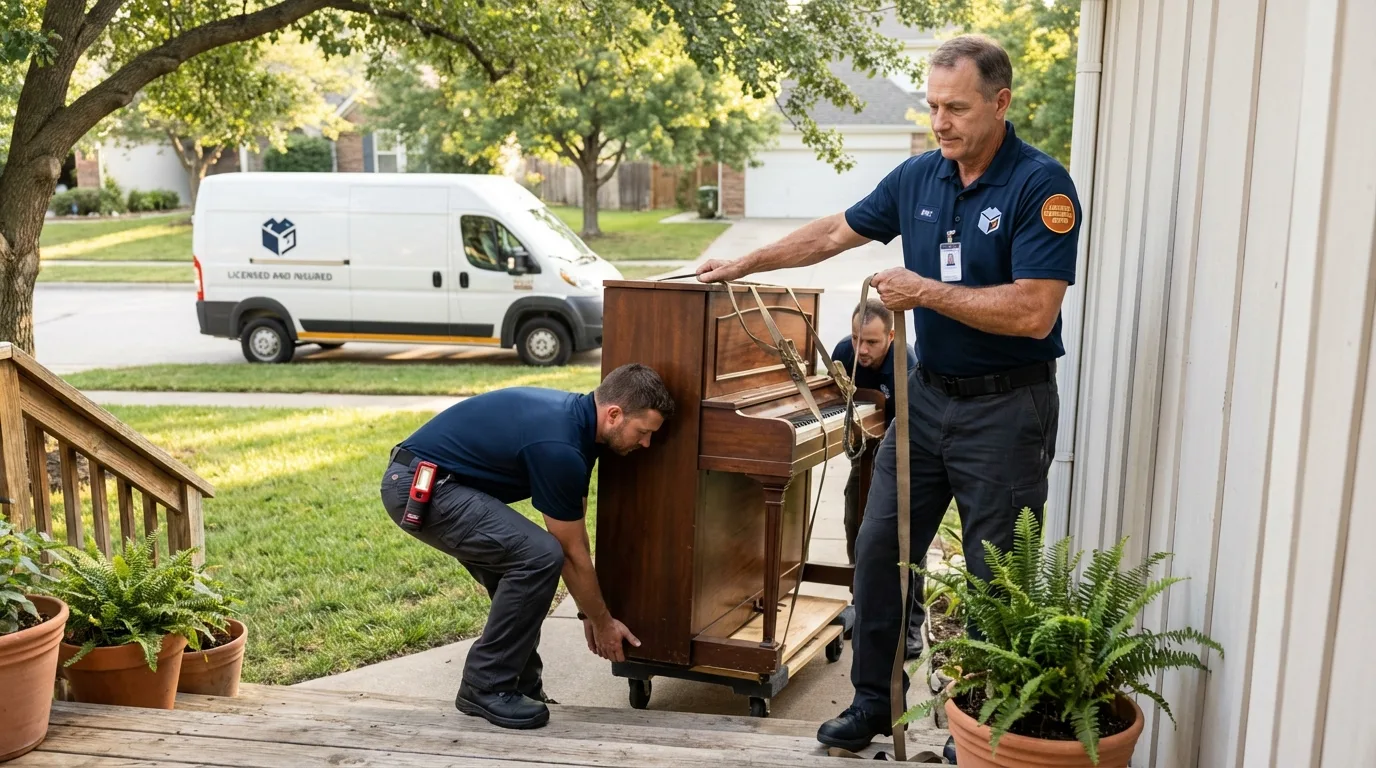 Licensed piano movers securing grand piano in Piscataway, NJ