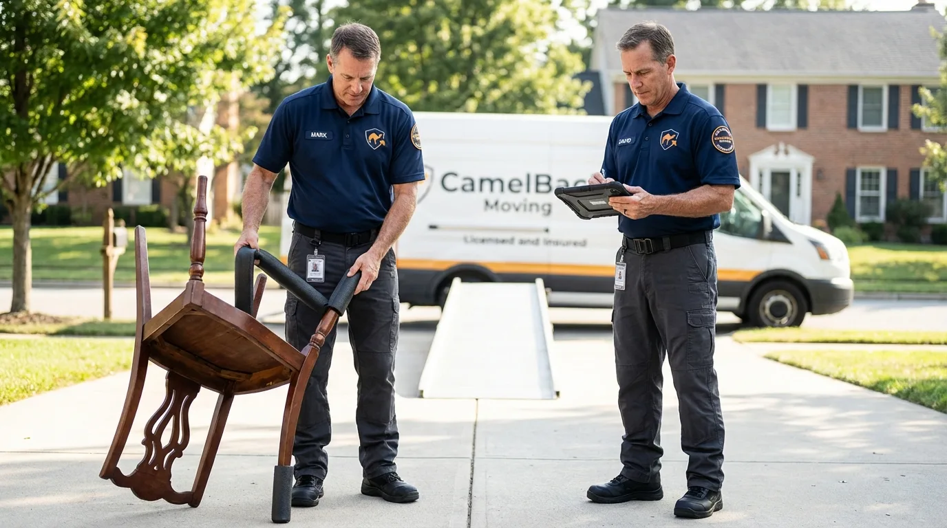 Movers inspecting furniture for damage prevention before loading in Piscataway, NJ