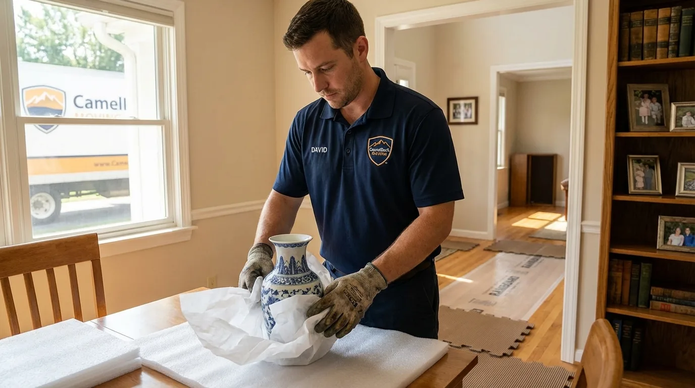 Professional crew carefully wrapping antique vase for senior downsizing move in Piscataway, NJ